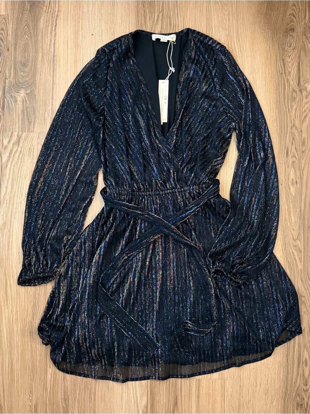 lovestitch Navy Metallic Stripe Wrap Dress with Long Sleeves